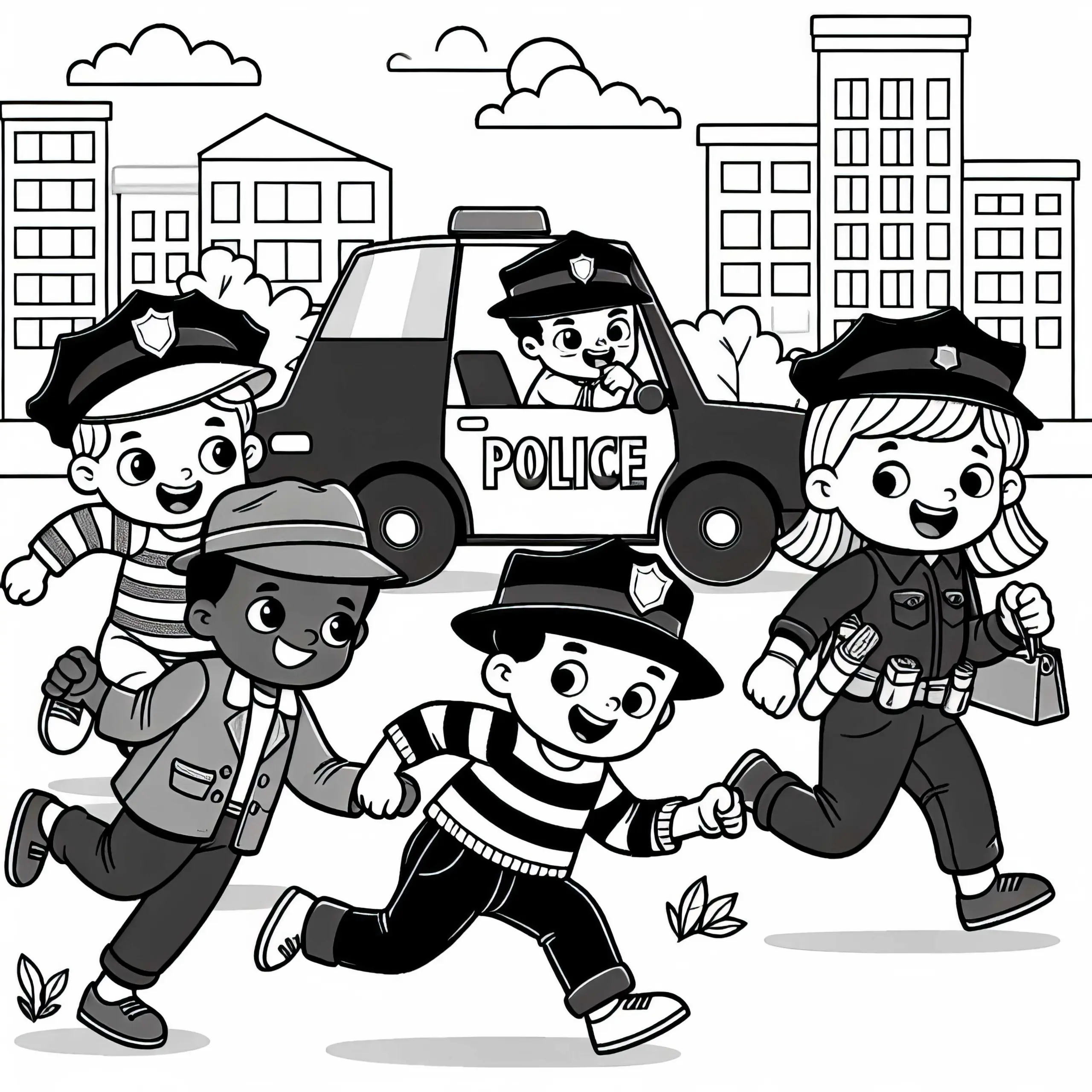 Kinder spielen Verbrecher Malvorlage einfach kostenlos (Ausmalbild)