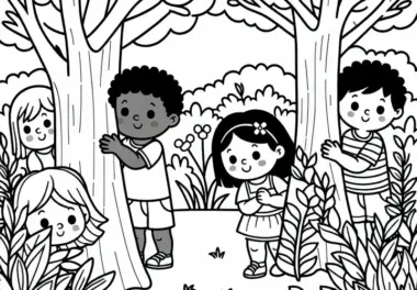 Kinder spielen Verstecken hinter Bäumen und Büschen – Malvorlage gratis
