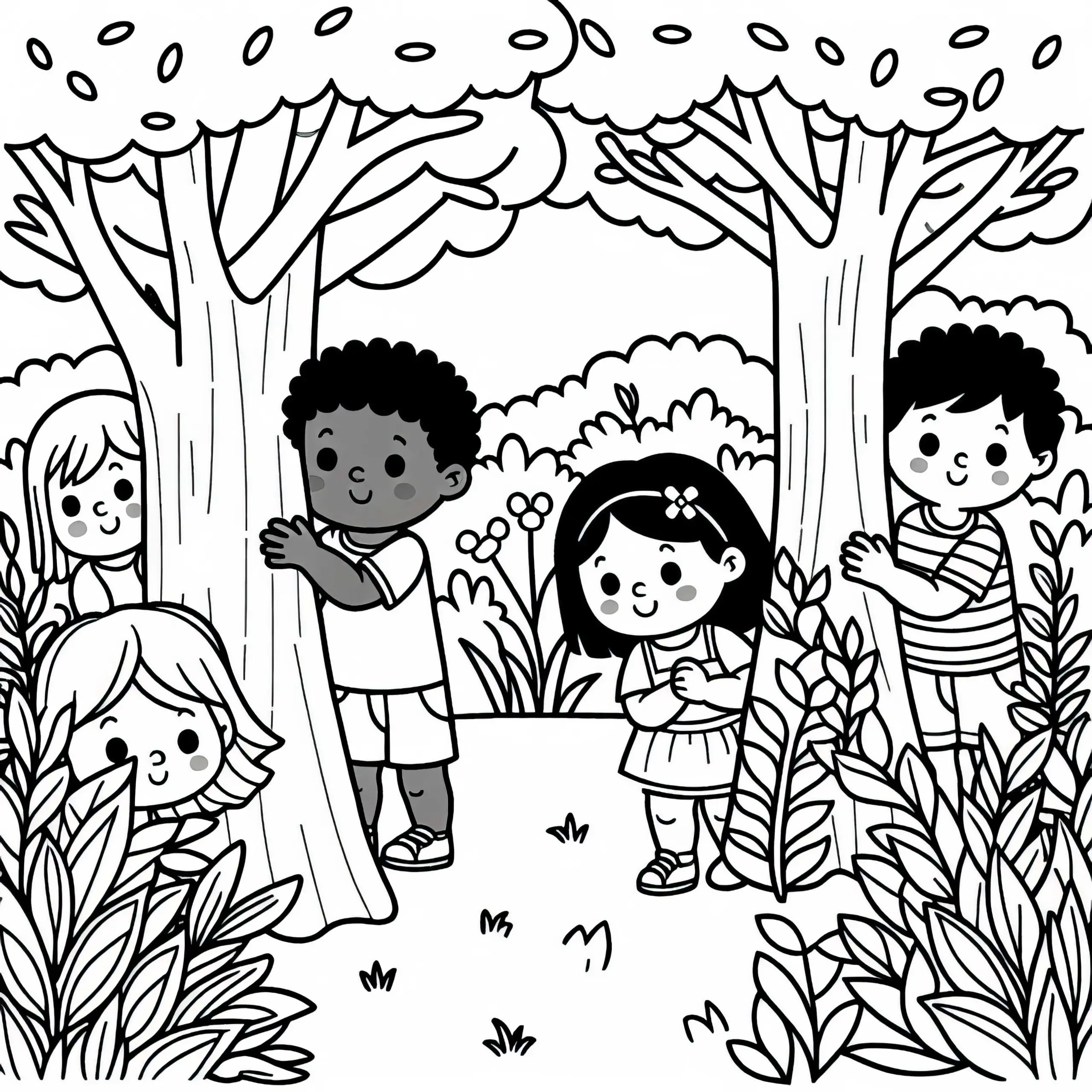 Kinder spielen Verstecken hinter Bäumen und Büschen – Malvorlage gratis (Ausmalbild)