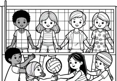 Kinder spielen Volleyball Ausmalbild gratis