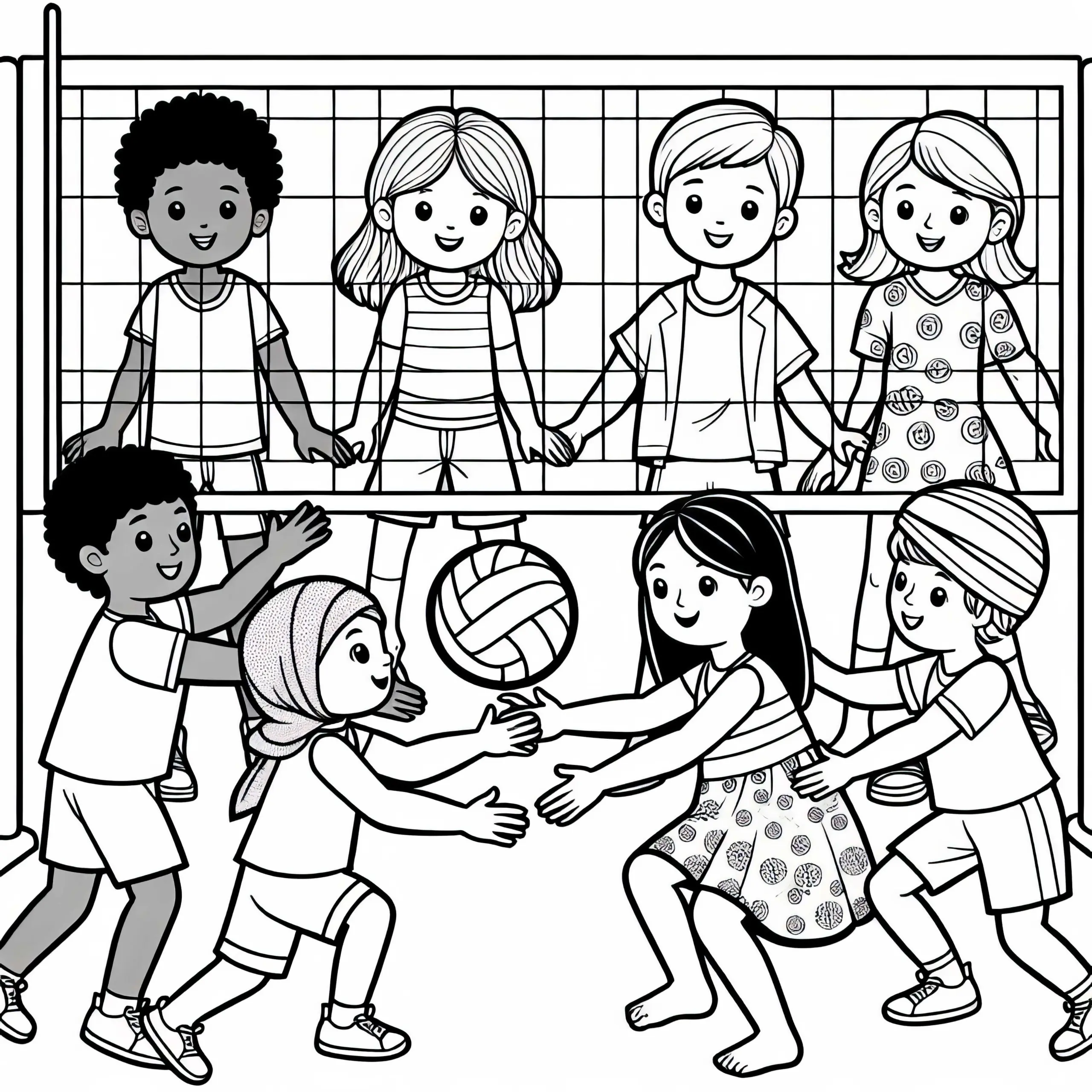 Kinder spielen Volleyball Ausmalbild gratis