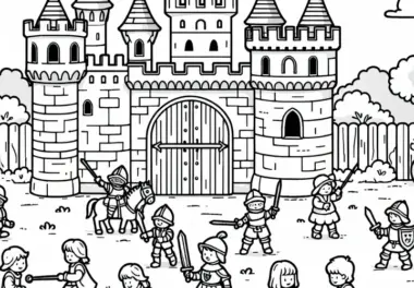 Kinder spielen vor der Burg – Ritter Malvorlage gratis