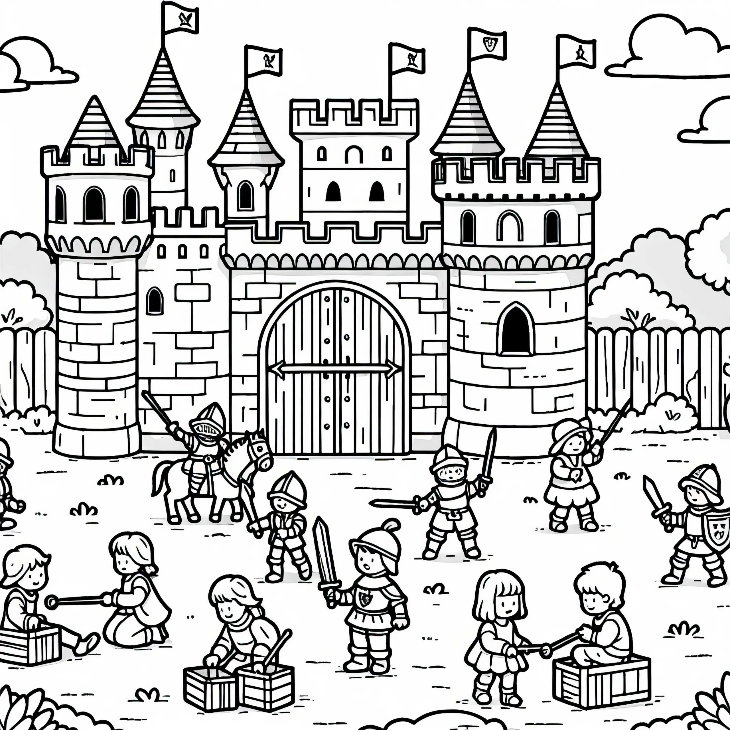 Kinder spielen vor der Burg – Ritter Malvorlage gratis (Ausmalbild)