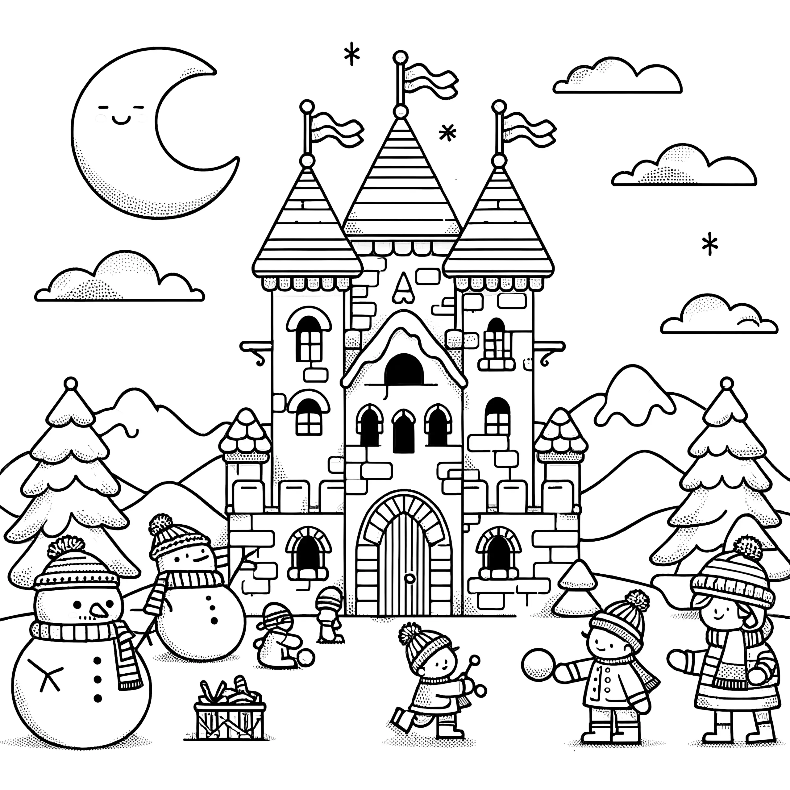 Kinder spielen vor einem Schloss im Winter (Ausmalbild)