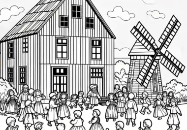 Kinder spielen vor einer Mühle – Ausmalbild kostenlos