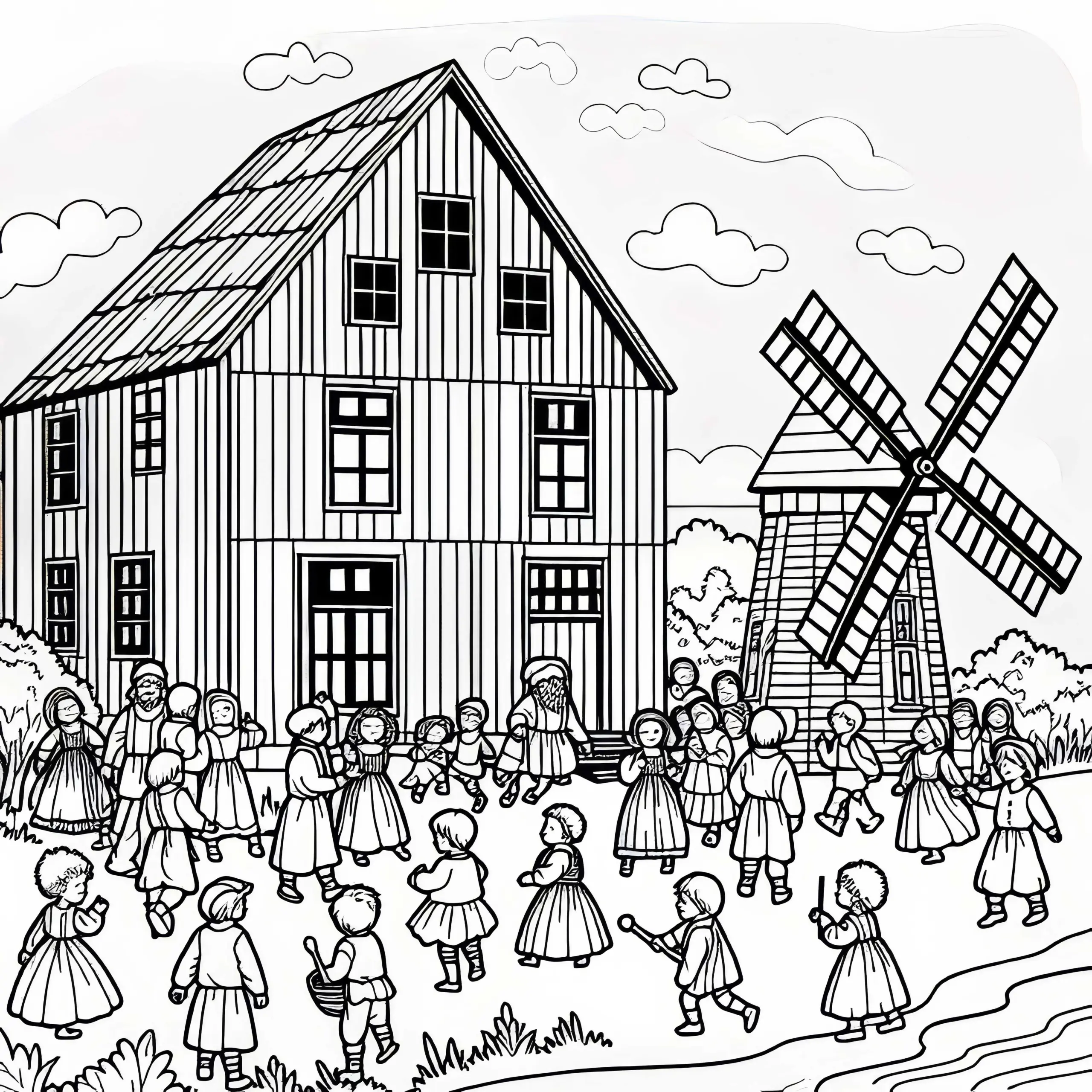 Kinder spielen vor einer Mühle – Ausmalbild kostenlos