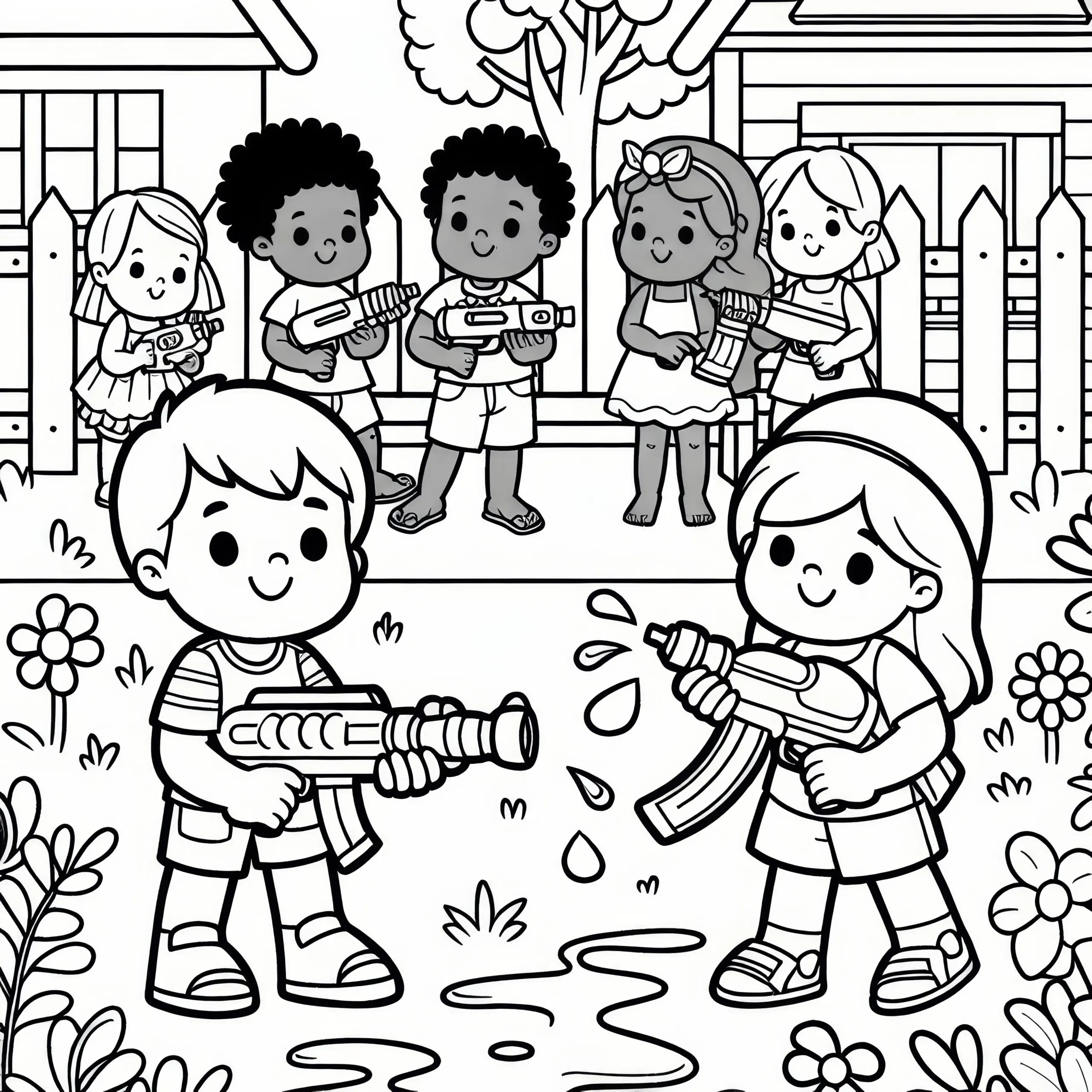 Kinder spielen mit Wasserpistolen im Garten am Kindertag: Gratis Malvorlage (Ausmalbild)
