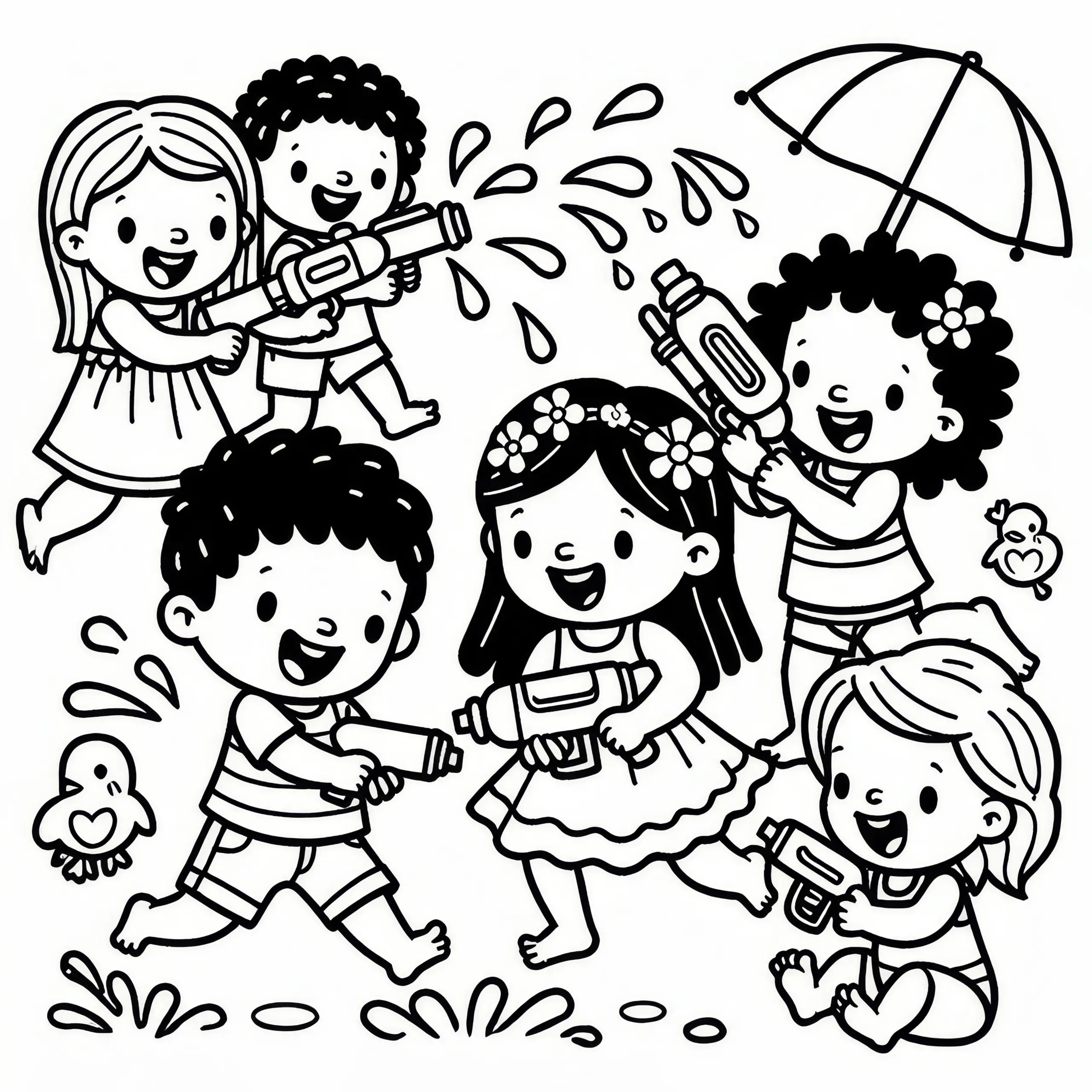 Kinder spielen mit Wasserpistolen im Juni: Ausmalbild zum Download (Gratis)