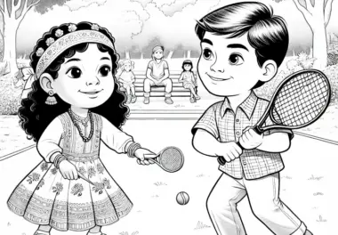 Kinder spielen zum Spaß Tennis im Park – Malvorlage detailreich kostenlos