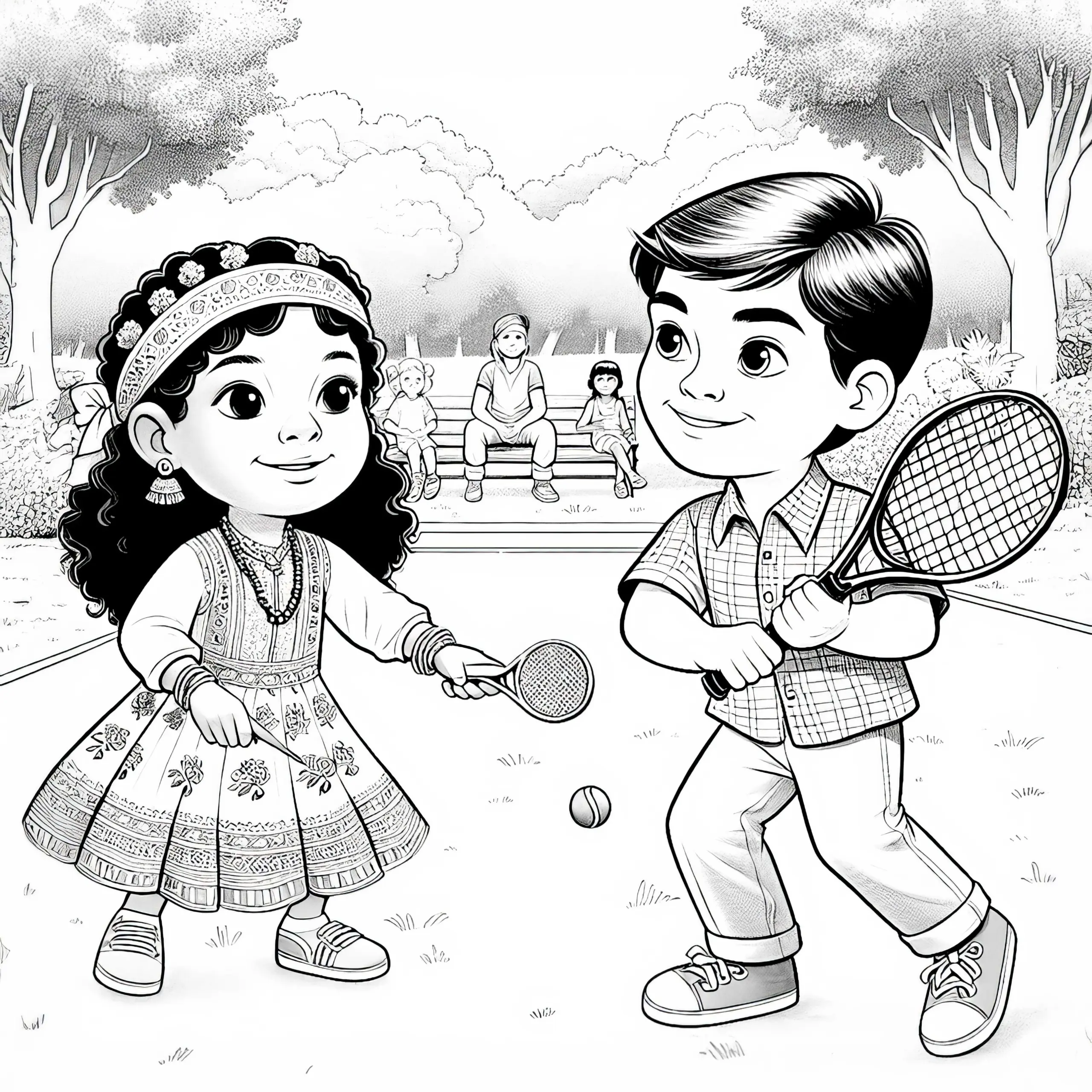Kinder spielen zum Spaß Tennis im Park – Malvorlage detailreich kostenlos (Ausmalbild)