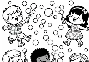 Kinder spielend lachend mit Seifenblasen – Malvorlage gratis
