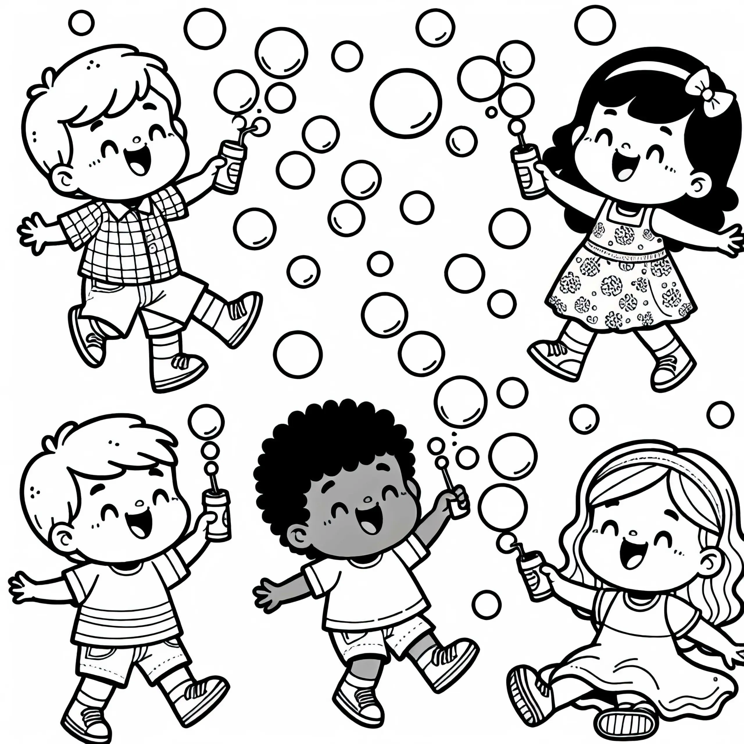 Kinder spielend lachend mit Seifenblasen – Malvorlage gratis (Ausmalbild)