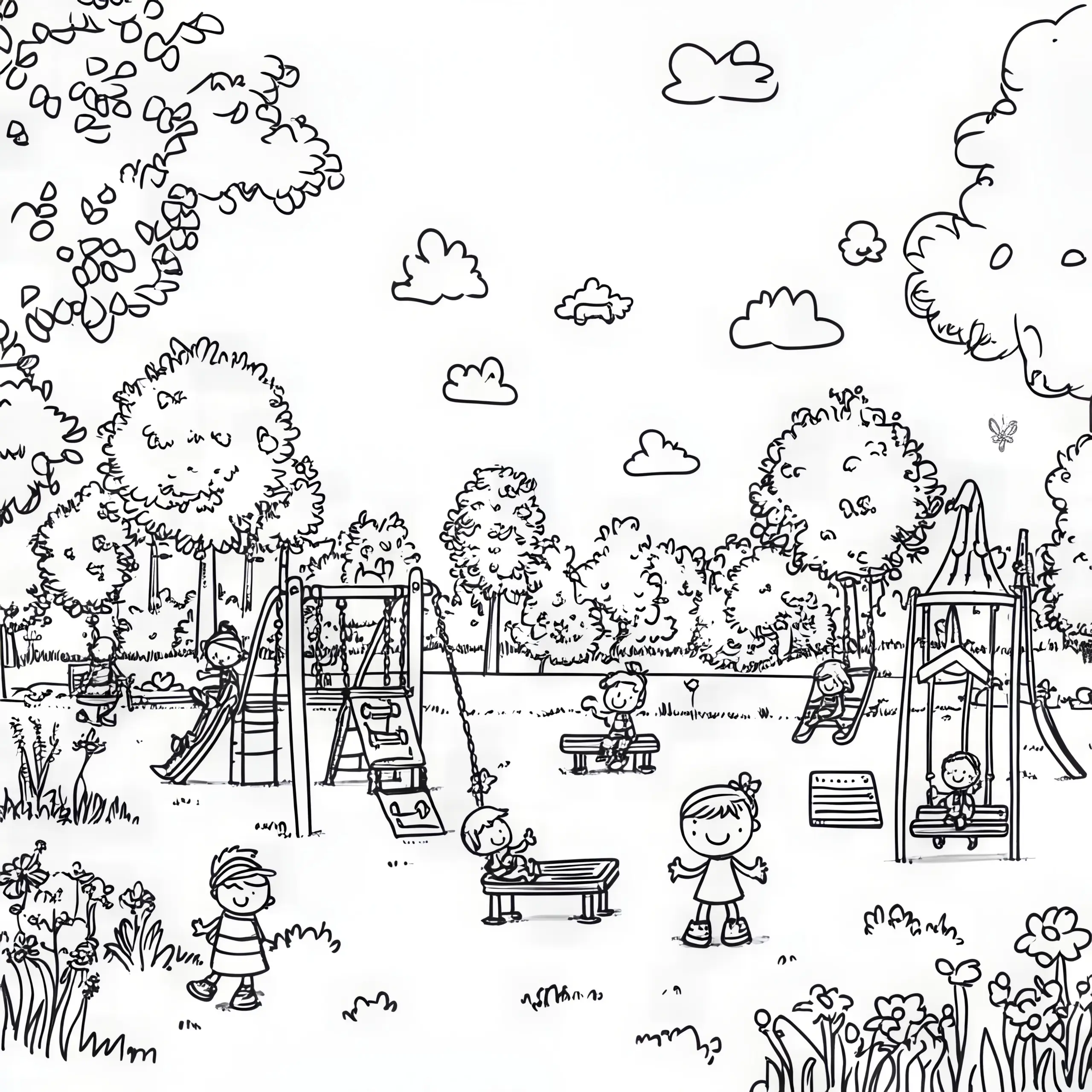 Kinder auf Spielplatz als Wimmelbild: Ausmalbild (Kostenlos)