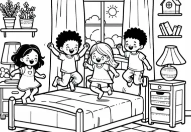 Kinder springen fröhlich auf Bett herum im Kinderzimmer – Ausmalbild kostenlos