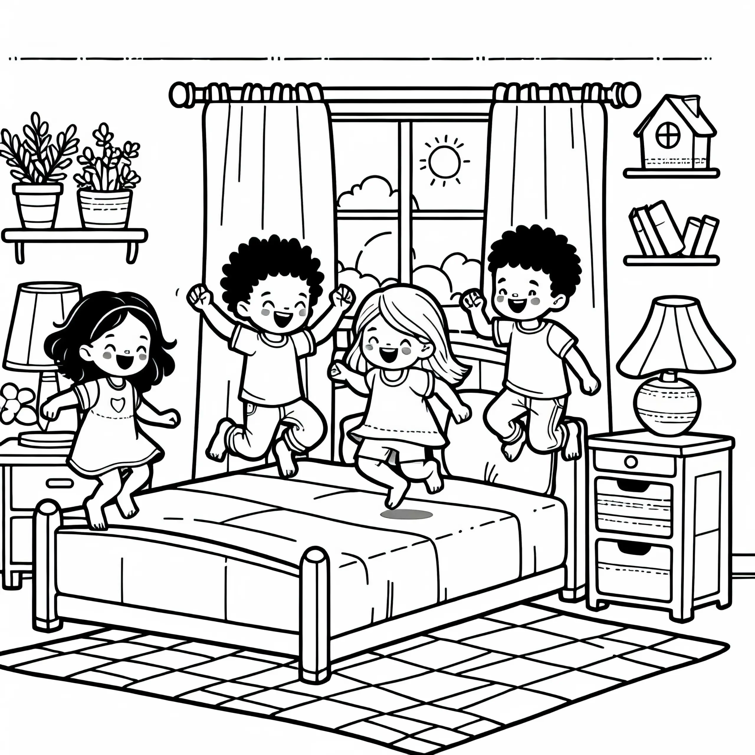 Kinder springen fröhlich auf Bett herum im Kinderzimmer – Ausmalbild kostenlos