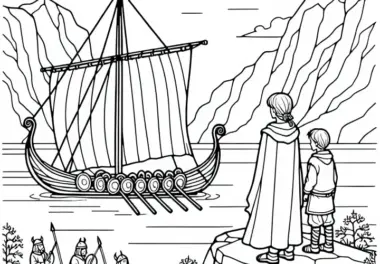 Kinder stehen an der Klippe und blicken auf ein Wikingerboot – Ausmalbild Wikingerentdeckungen kostenlos
