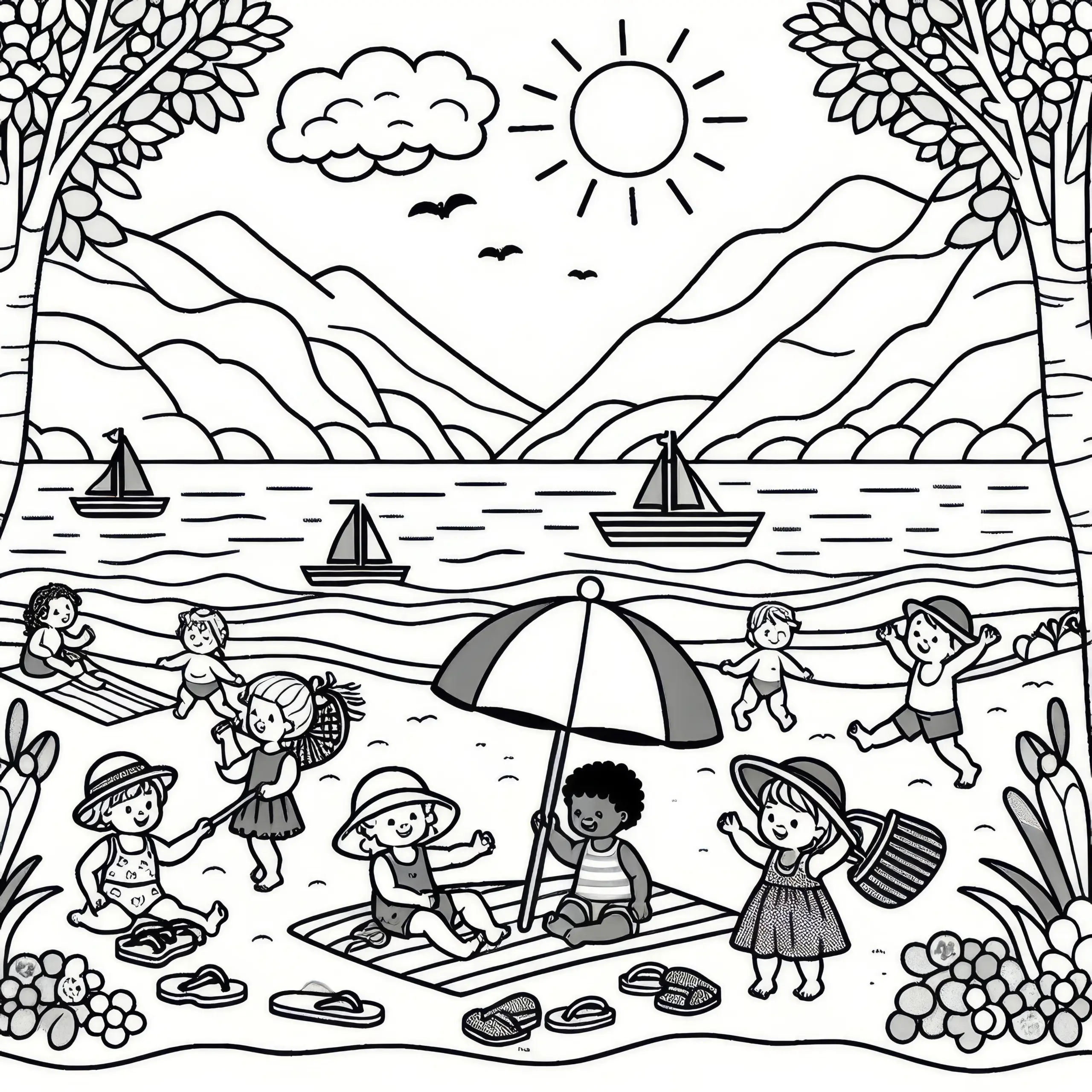 Kinder am Strand im August: Ausmalbild kostenlos herunterladen