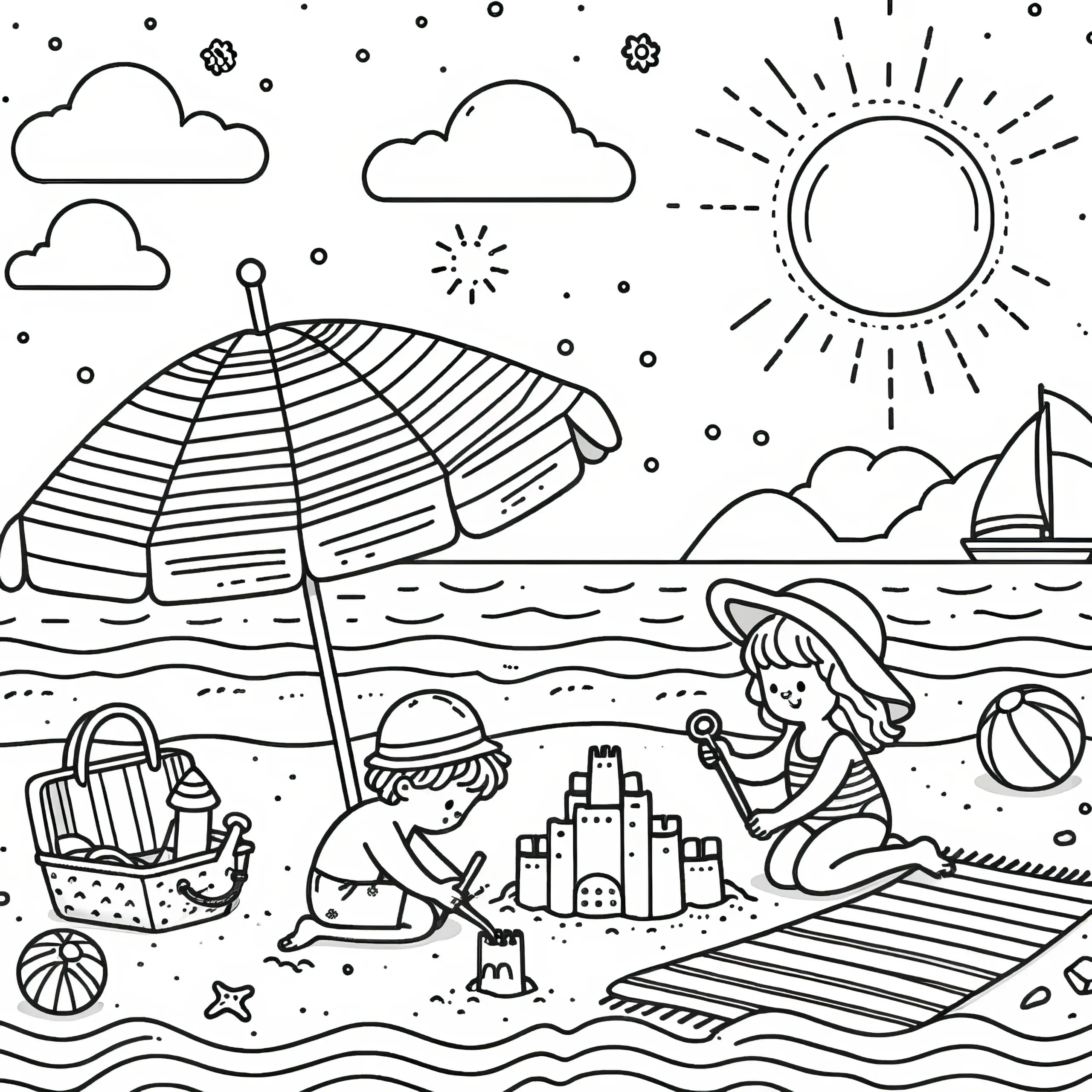 Kinder am Strand bauen eine Sandburg: Einfache Malvorlage zum Herunterladen (Gratis) (Ausmalbild)