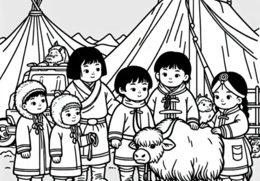 Kinder streicheln Yak Kuh neben Zeltlager – Ausmalbild Mongolen kostenlos
