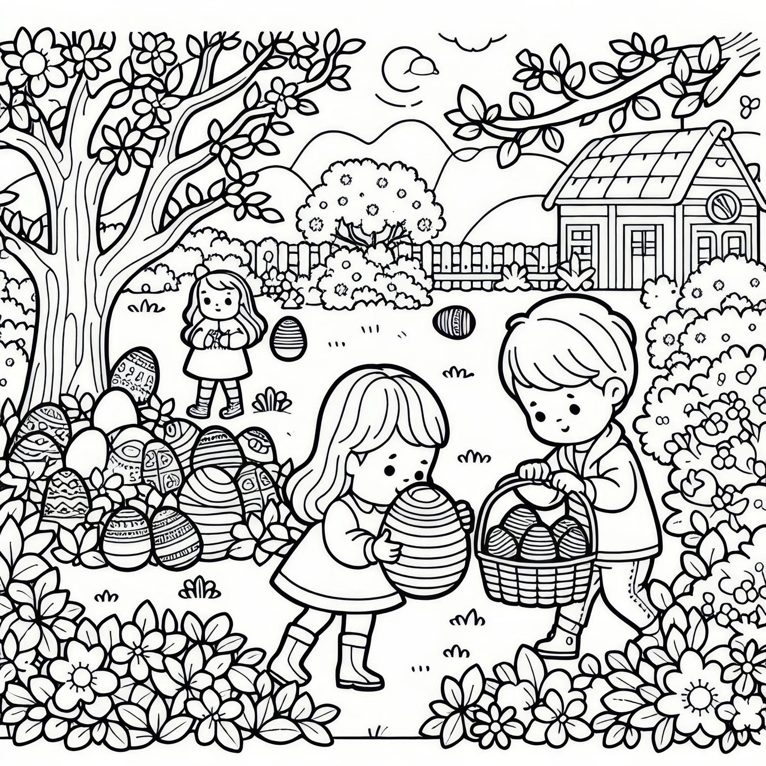 Kinder suchen Ostereier im Garten: Malvorlage für April (Gratis) (Ausmalbild)