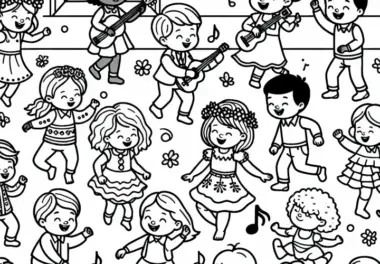 Kinder tanzen ausgelassen zur Musik im Kinderzimmer – Ausmalbild gratis