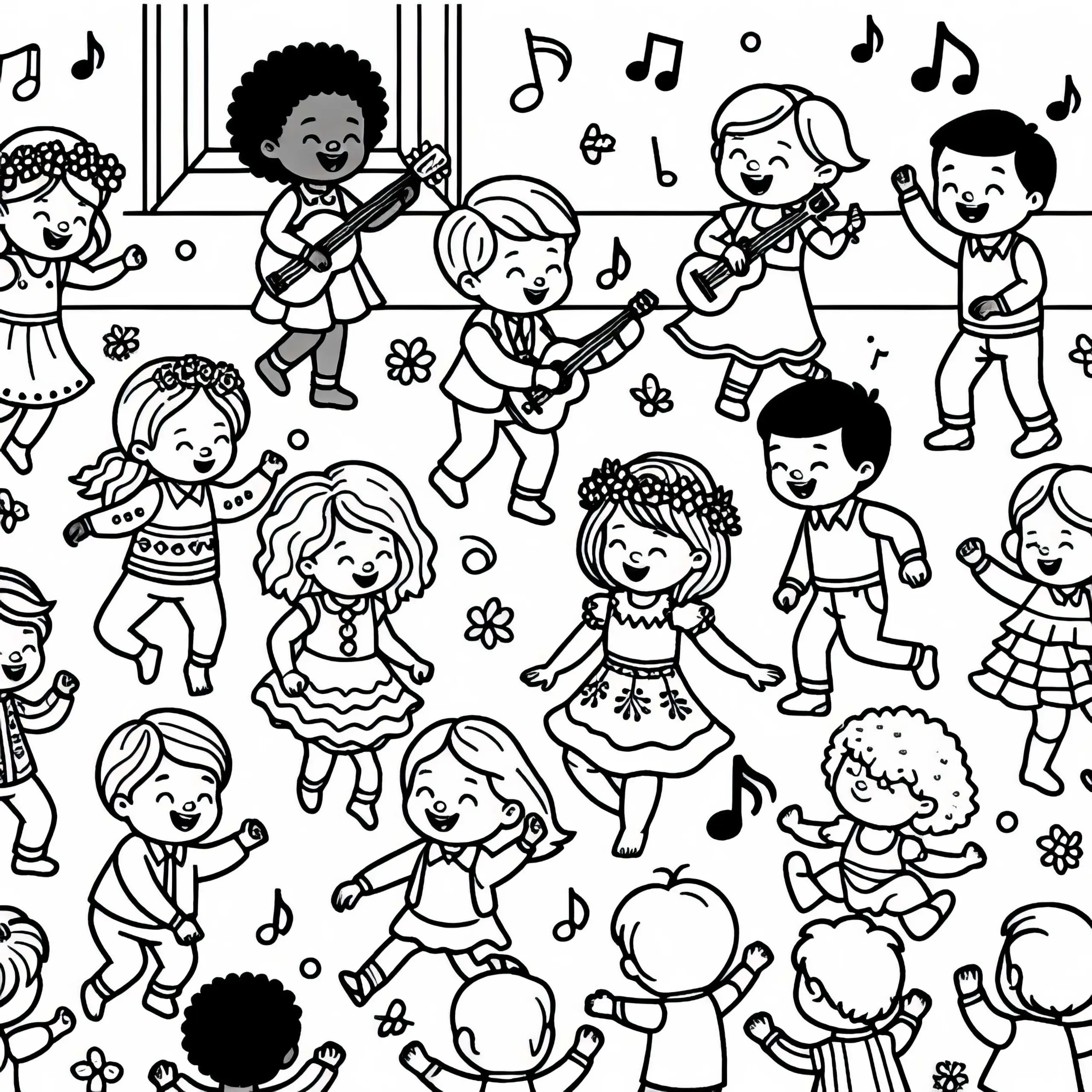 Kinder tanzen ausgelassen zur Musik im Kinderzimmer – Ausmalbild gratis