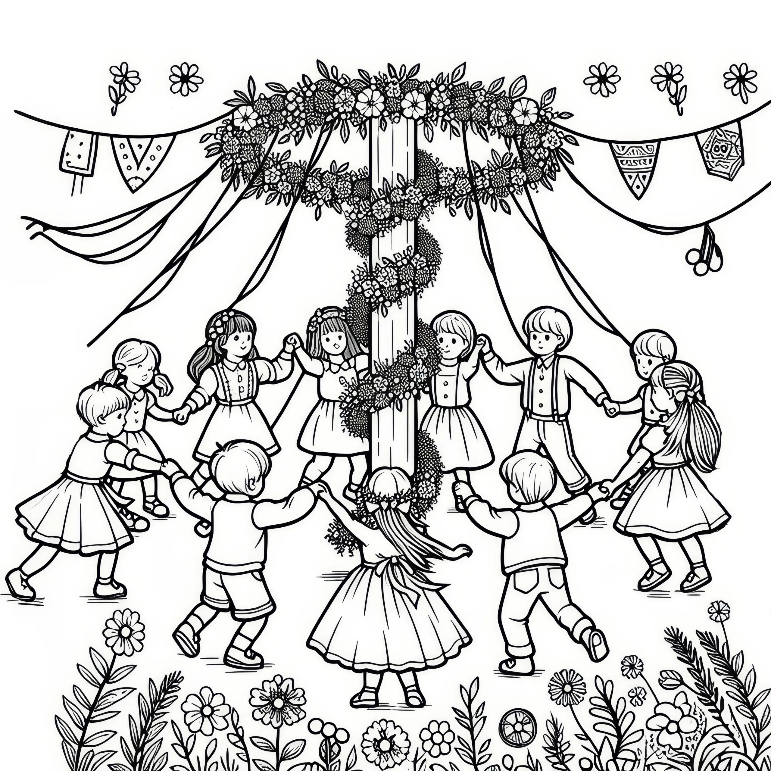Kinder tanzen mit Blumenkronen um den Maibaum: Kostenloses Ausmalbild