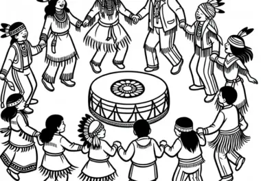 Kinder tanzen im Kreis zu Trommelmusik – Ausmalbild Indianer kostenlos