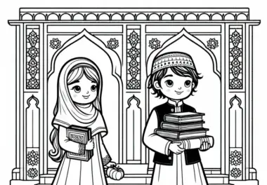 Kinder tragen Bücher in der Medrese – Ausmalbild islamische Kultur
