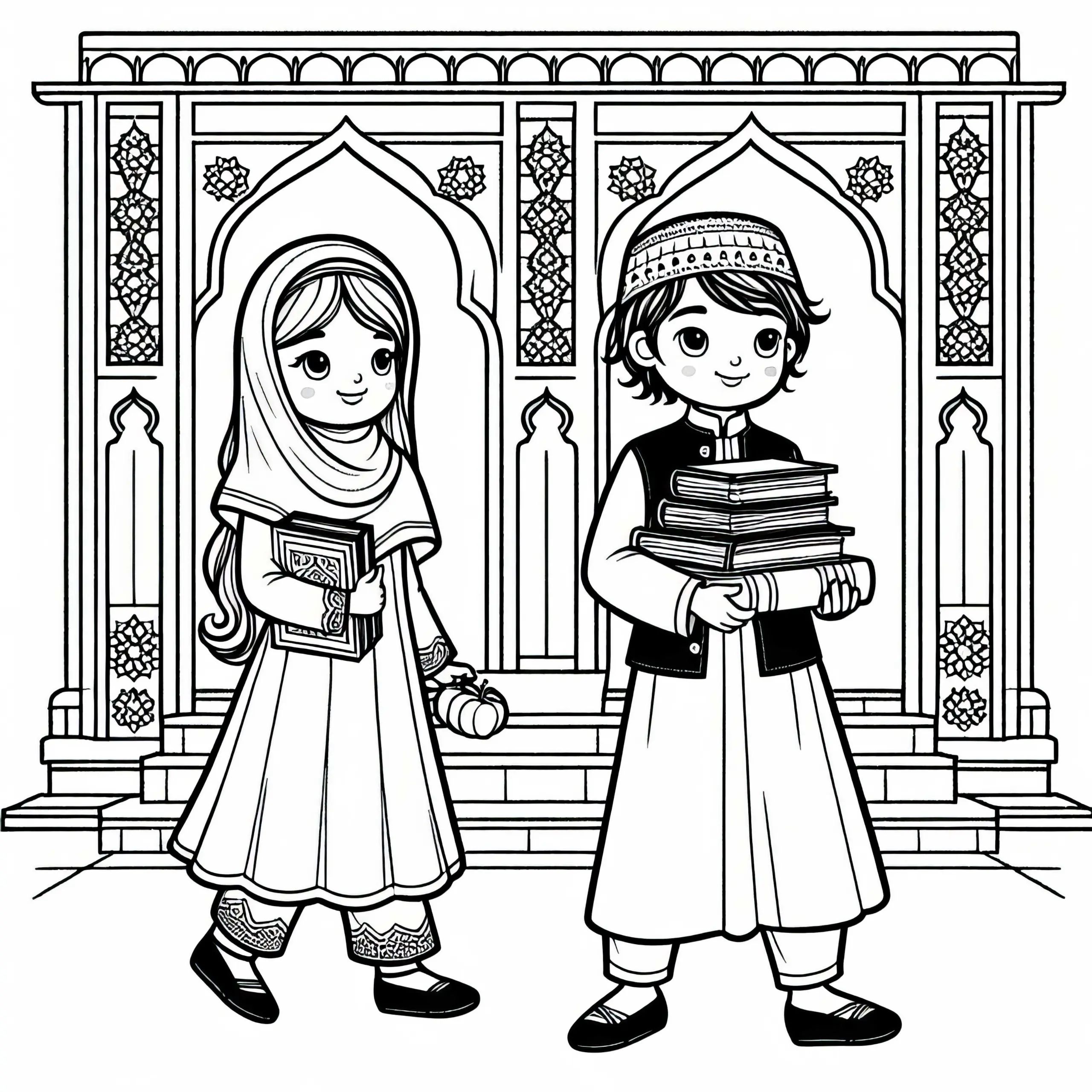 Kinder tragen Bücher in der Medrese – Ausmalbild islamische Kultur