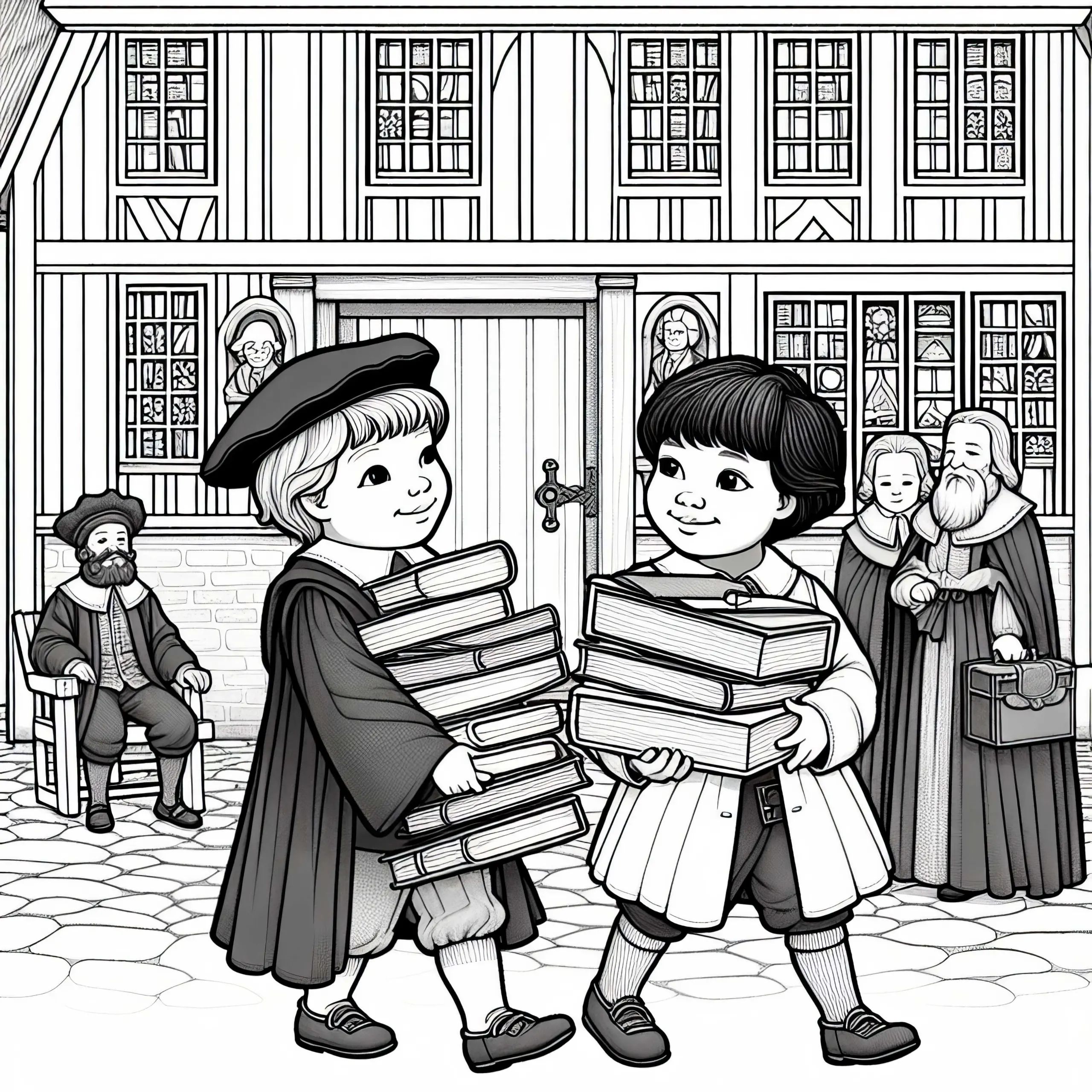 Kinder tragen Stapel Bücher in Schulhaus – Ausmalbild Reformation Gratis