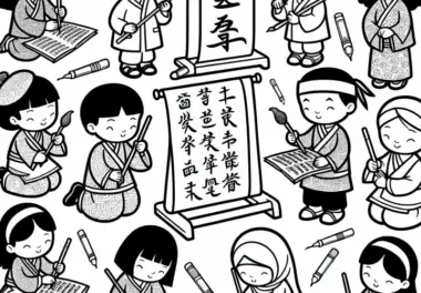 Kinder üben Kalligrafie mit Pinsel und Schriftrollen – Malvorlage Asien gratis