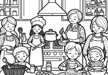 Kinder und Eltern backen gemeinsam in der Küche – Malvorlage kostenlos