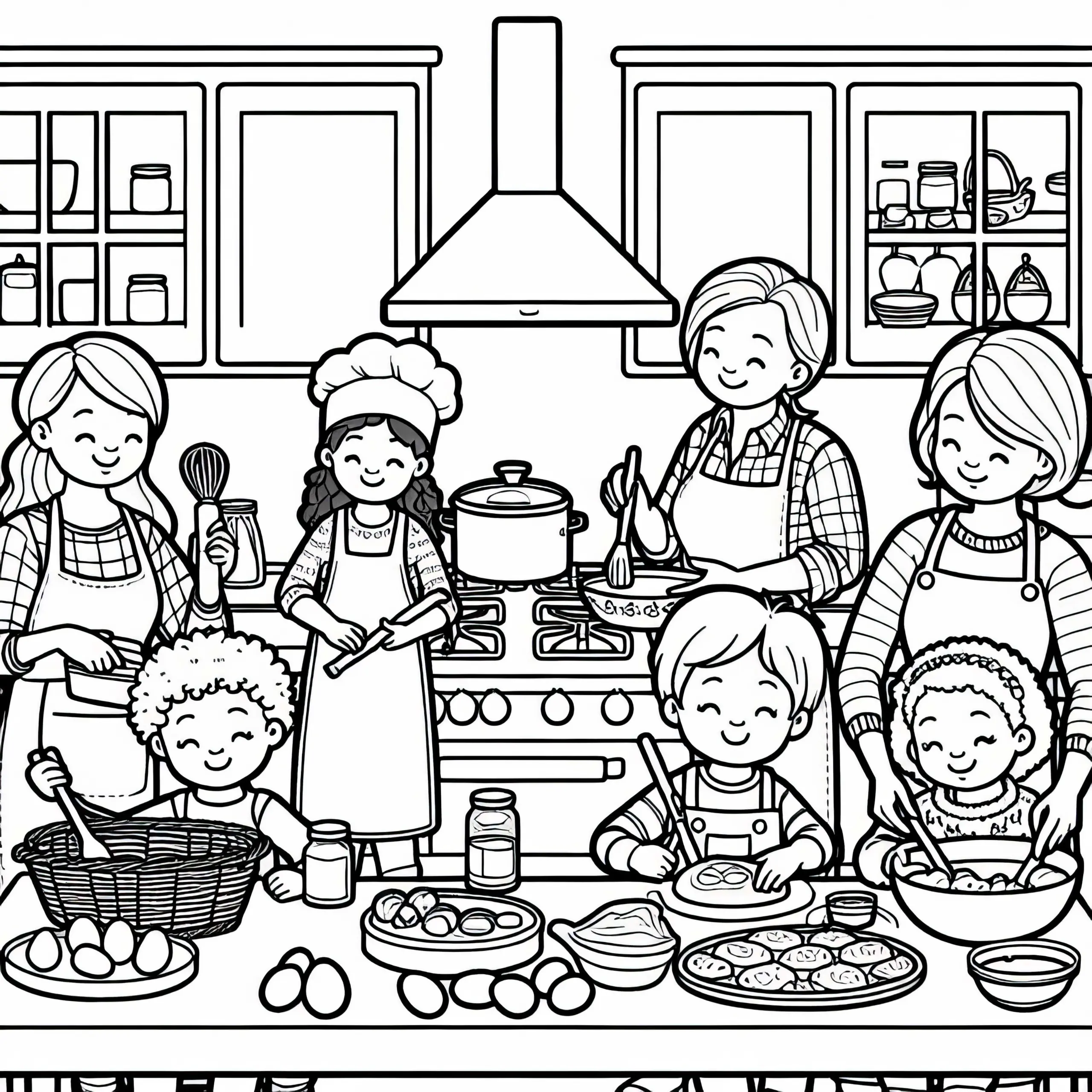 Kinder und Eltern backen gemeinsam in der Küche – Malvorlage kostenlos (Ausmalbild)