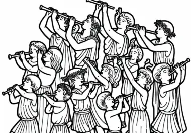 Kinder und Erwachsene feiern bei Musikfest mit Flöten und Tänzen – Ausmalbild Griechische Antike