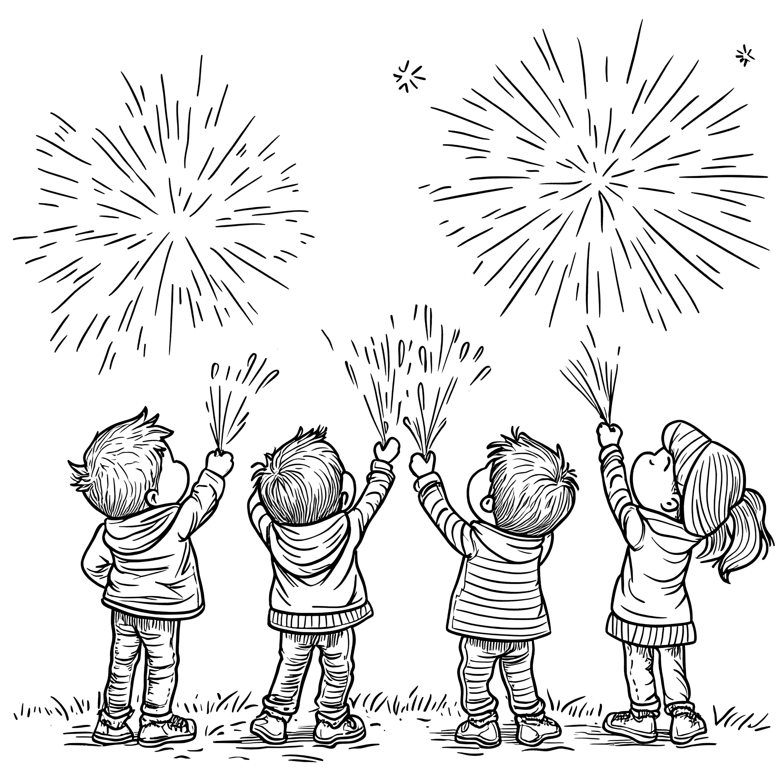 Kinder unter Feuerwerkshimmel: Bild zum Ausmalen (Ausmalbild)
