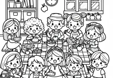 Kinder veranstalten ein lustiges Picknick im Kinderzimmer – Ausmalbild kostenlos