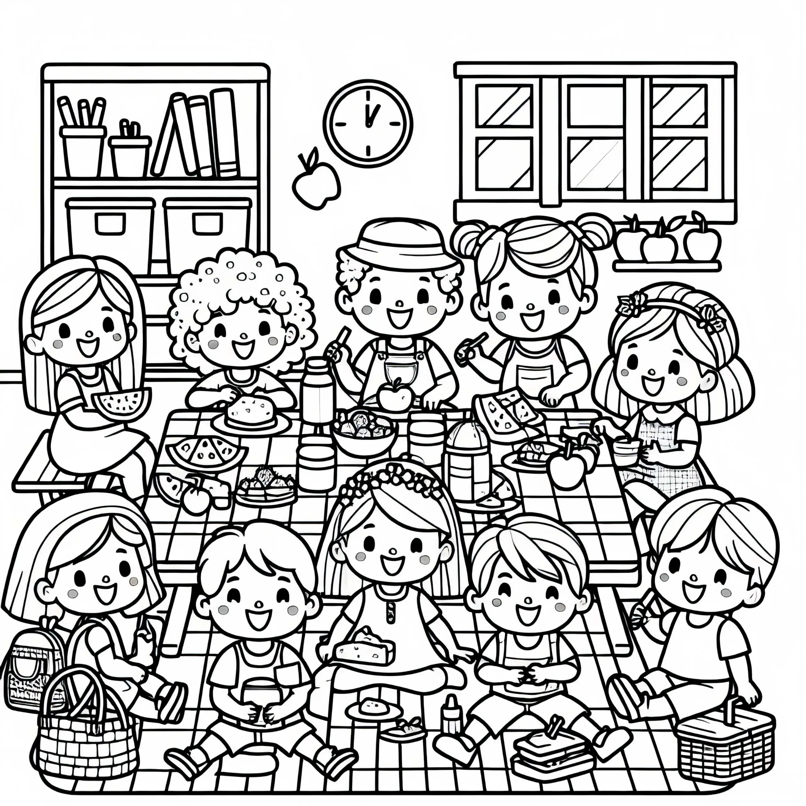 Kinder veranstalten ein lustiges Picknick im Kinderzimmer – Ausmalbild kostenlos