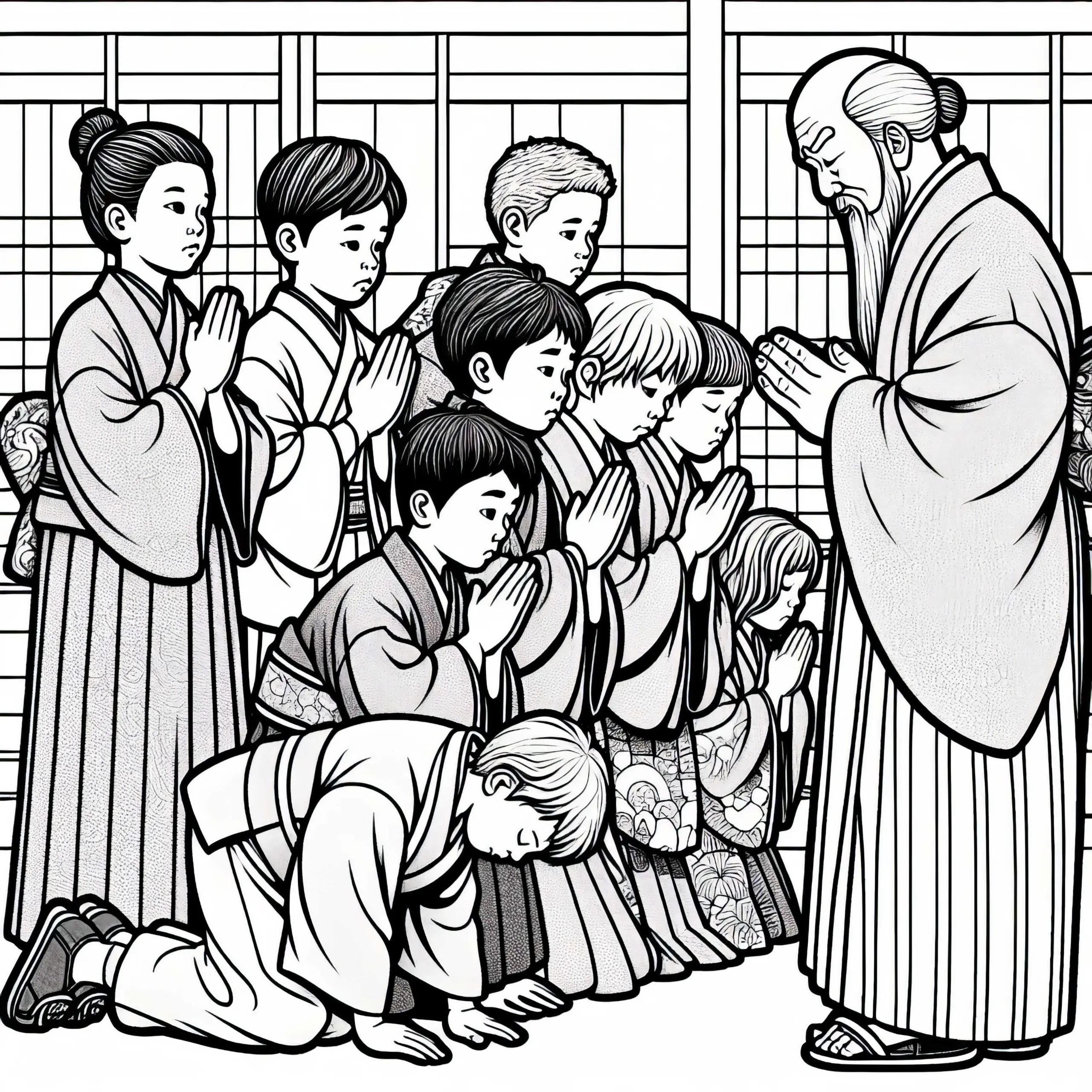 Kinder verbeugen sich vor älterem Mann im Kimono – Ausmalbild Altes Japan kostenlos