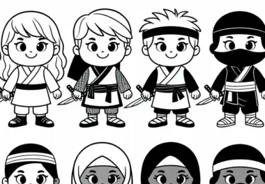 Kinder verkleiden sich als Ninja – Ausmalbild einfach gratis