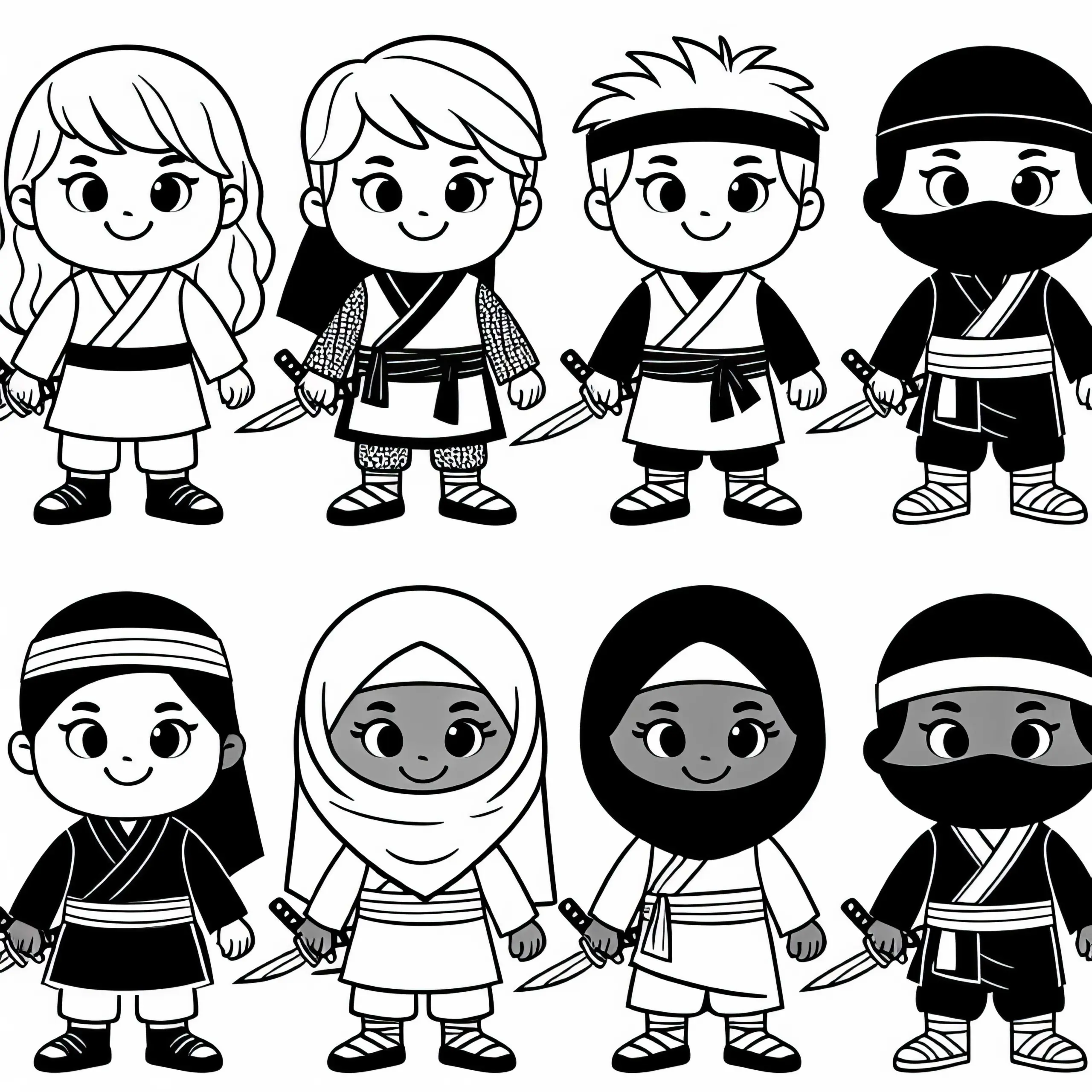 Kinder verkleiden sich als Ninja – Ausmalbild einfach gratis