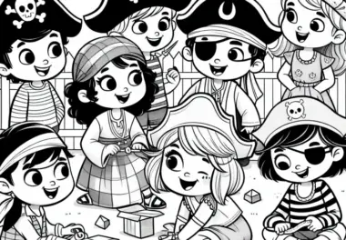 Kinder verkleiden sich fantasievoll mit Piratenhut und Augenklappe – Ausmalbild kostenlos