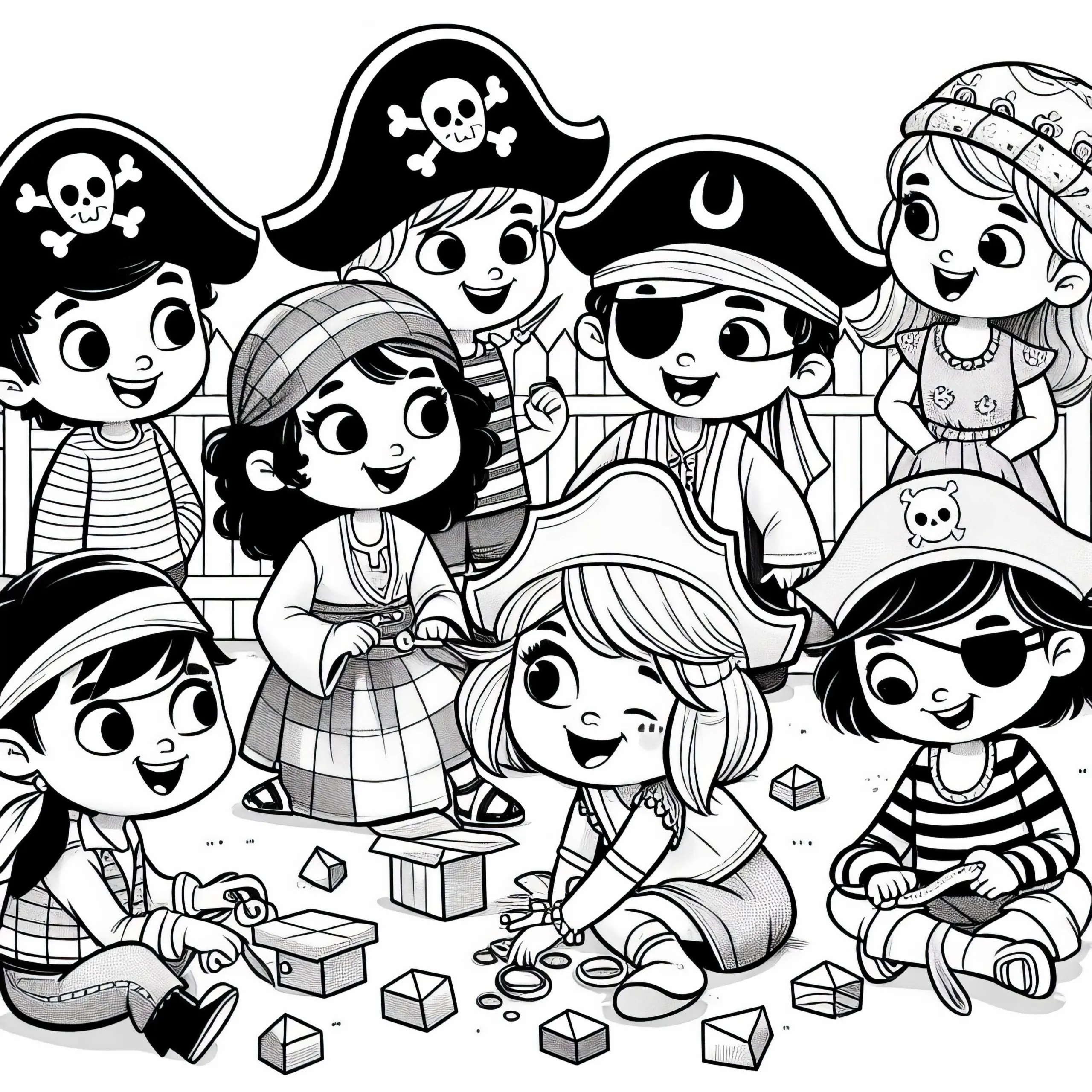 Kinder verkleiden sich fantasievoll mit Piratenhut und Augenklappe – Ausmalbild kostenlos