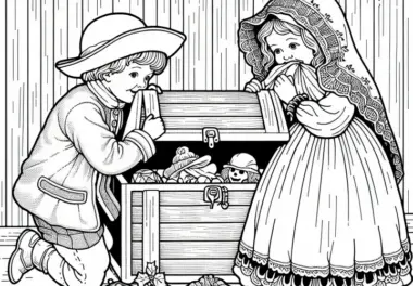 Kinder verstecken wertvolle Spielsachen in Truhe – Ausmalbild Dreißigjähriger Krieg kostenlos
