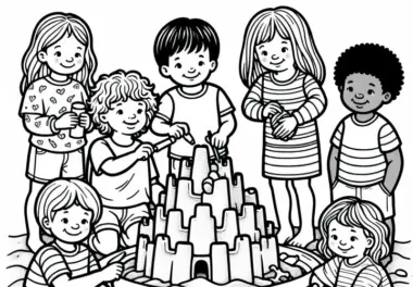 Kinder verzieren im Sandkasten ihre Sandburg mit Muscheln und Steinen – Ausmalbild kostenlos