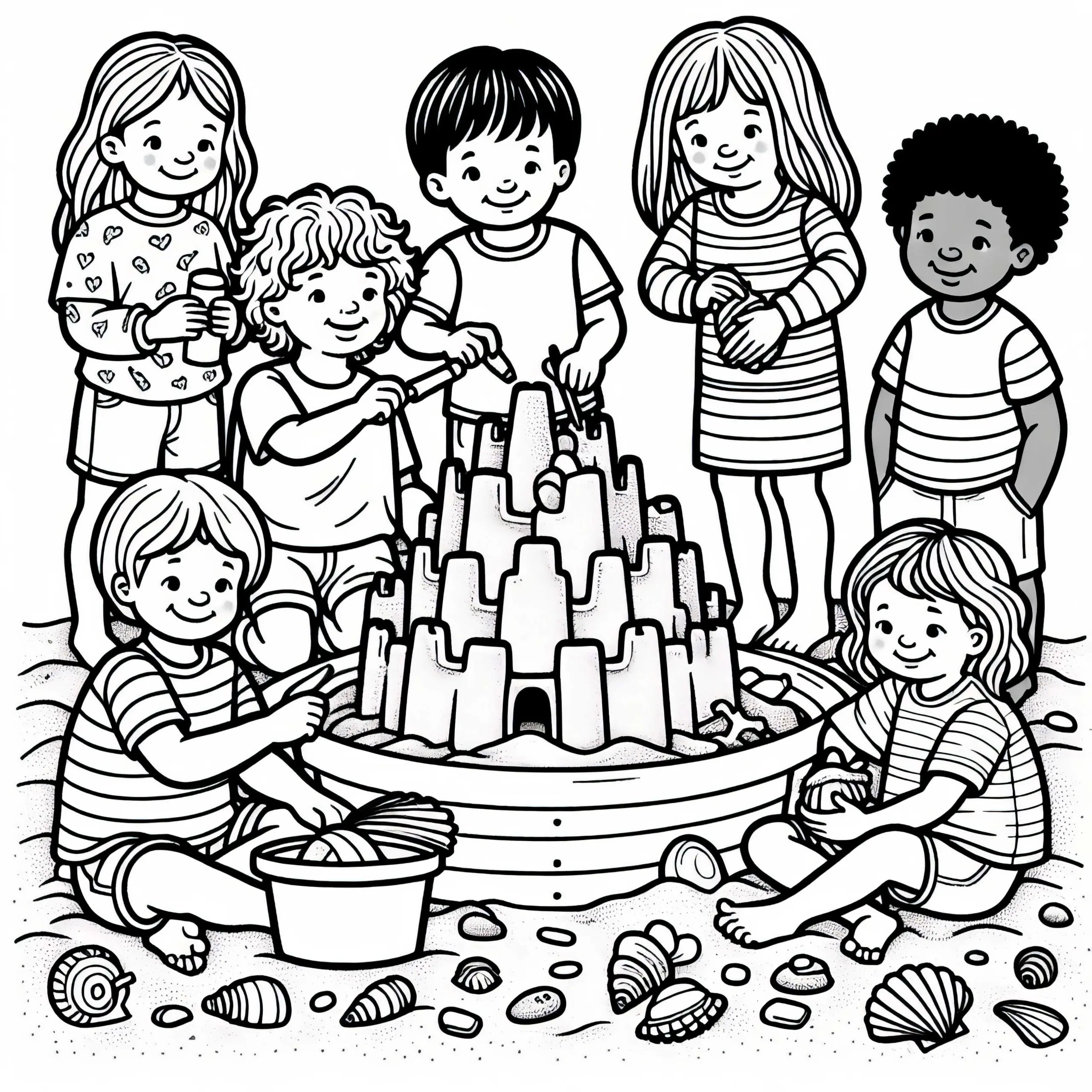Kinder verzieren im Sandkasten ihre Sandburg mit Muscheln und Steinen – Ausmalbild kostenlos