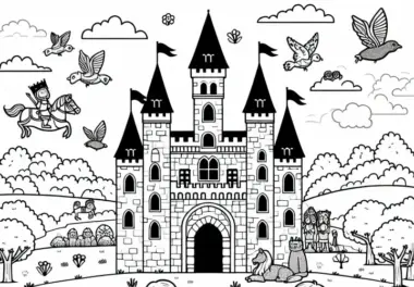 Ausmalbild für Kinder mit historischer Burg