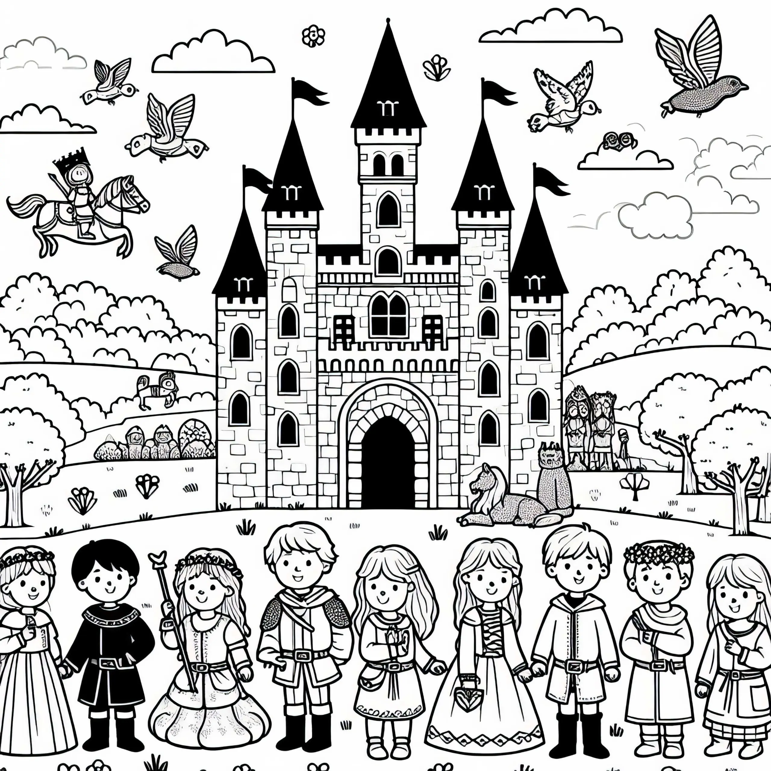 Ausmalbild für Kinder mit historischer Burg