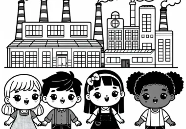 Kinder vor Fabrik: Ausmalbild kostenlos herunterladen