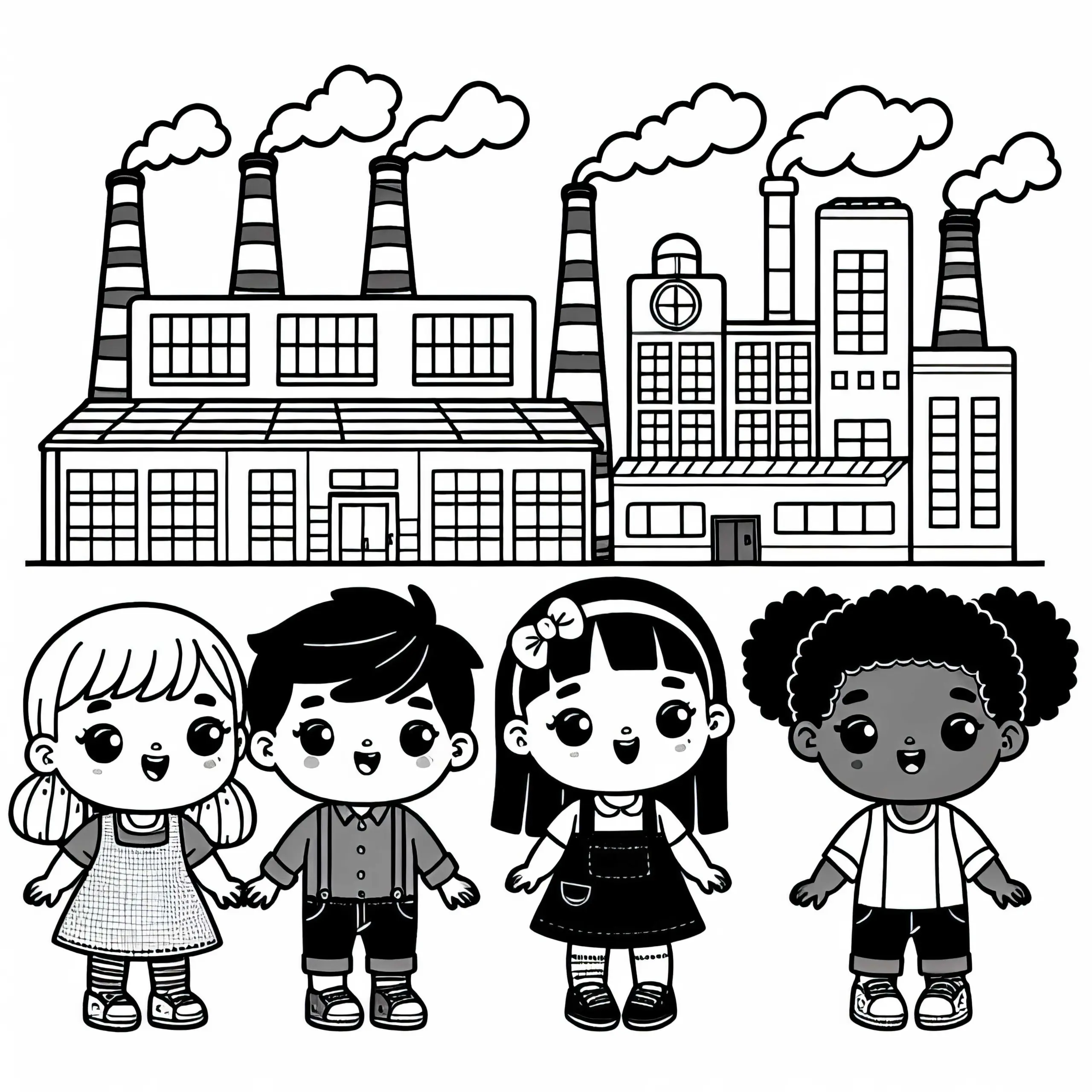 Kinder vor Fabrik: Ausmalbild kostenlos herunterladen